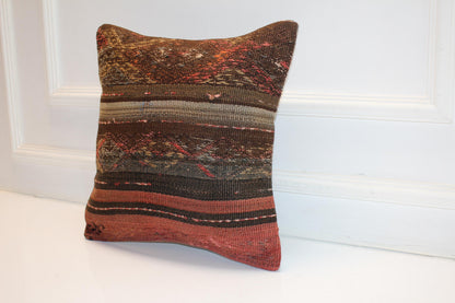 Vintage Turkish Persian Kilim Lumbar Pillow, Brown Rust Striped Woven Cushion, Handmade Rug Pillow Cover, 16x16 inch