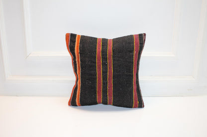 Vintage Turkish Persian Kilim Lumbar Pillow, Black Orange Striped Woven Cushion, Handmade Rug Pillow Cover, 16x16 inch