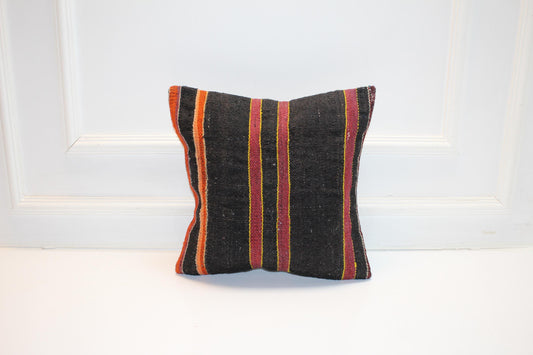 Vintage Turkish Persian Kilim Lumbar Pillow, Black Orange Striped Woven Cushion, Handmade Rug Pillow Cover, 16x16 inch