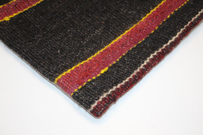 Vintage Turkish Persian Kilim Lumbar Pillow, Black Orange Striped Woven Cushion, Handmade Rug Pillow Cover, 16x16 inch
