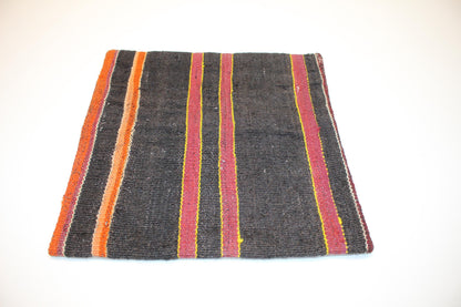 Vintage Turkish Persian Kilim Lumbar Pillow, Black Orange Striped Woven Cushion, Handmade Rug Pillow Cover, 16x16 inch