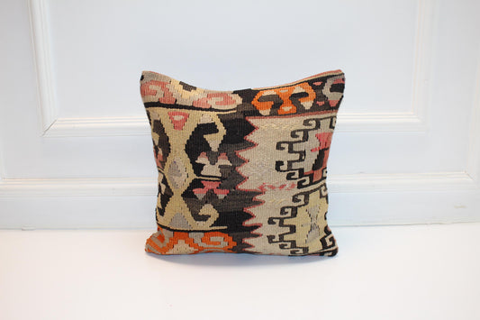Vintage Turkish Persian Kilim Lumbar Pillow, Beige Black Geometric Woven Cushion, Handmade Rug Pillow Cover, 16x16 inch