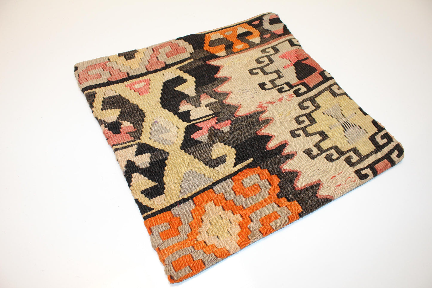 Vintage Turkish Persian Kilim Lumbar Pillow, Beige Black Geometric Woven Cushion, Handmade Rug Pillow Cover, 16x16 inch