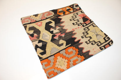 Vintage Turkish Persian Kilim Lumbar Pillow, Beige Black Geometric Woven Cushion, Handmade Rug Pillow Cover, 16x16 inch