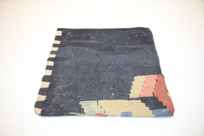 Vintage Turkish Persian Kilim Lumbar Pillow, Black Minimal Woven Cushion, Handmade Rug Pillow Cover, 16x16 inch