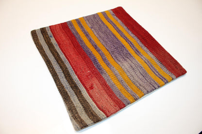Vintage Turkish Persian Kilim Lumbar Pillow, Red Yellow Purple Striped Woven Cushion, Handmade Rug Pillow Cover, 16x16 inch
