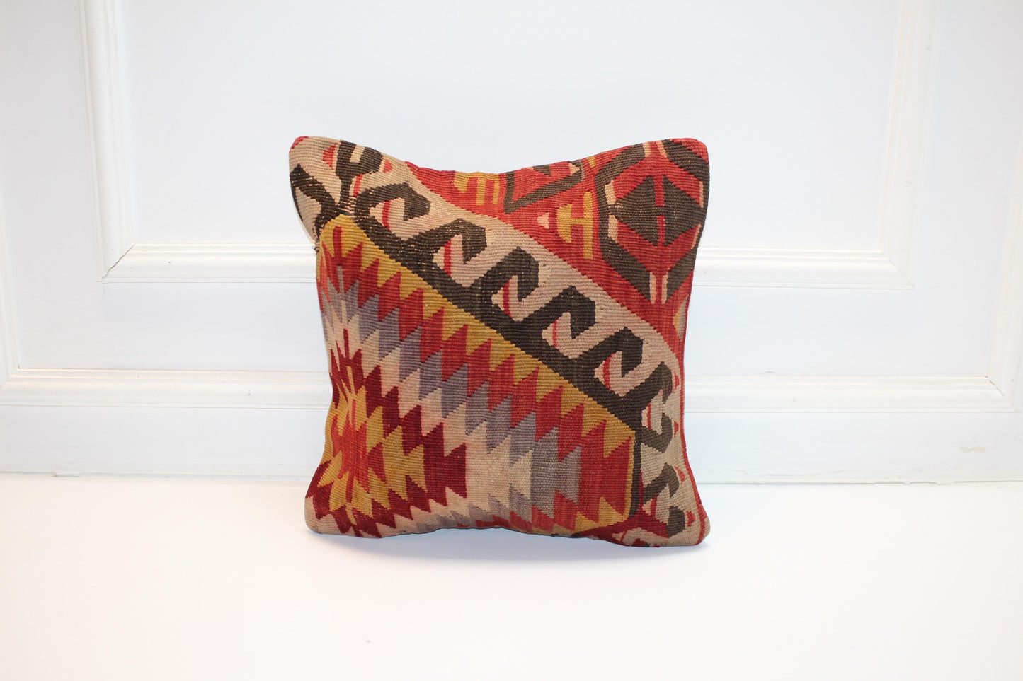 Vintage Turkish Persian Kilim Lumbar Pillow, Red Beige Geometric Woven Cushion, Handmade Rug Pillow Cover, 16x16 inch