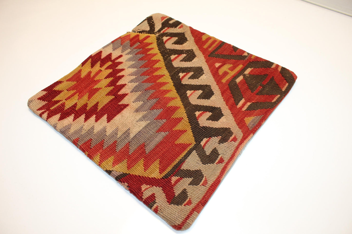 Vintage Turkish Persian Kilim Lumbar Pillow, Red Beige Geometric Woven Cushion, Handmade Rug Pillow Cover, 16x16 inch