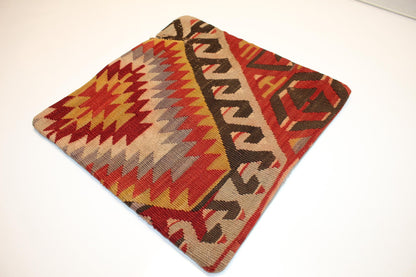 Vintage Turkish Persian Kilim Lumbar Pillow, Red Beige Geometric Woven Cushion, Handmade Rug Pillow Cover, 16x16 inch