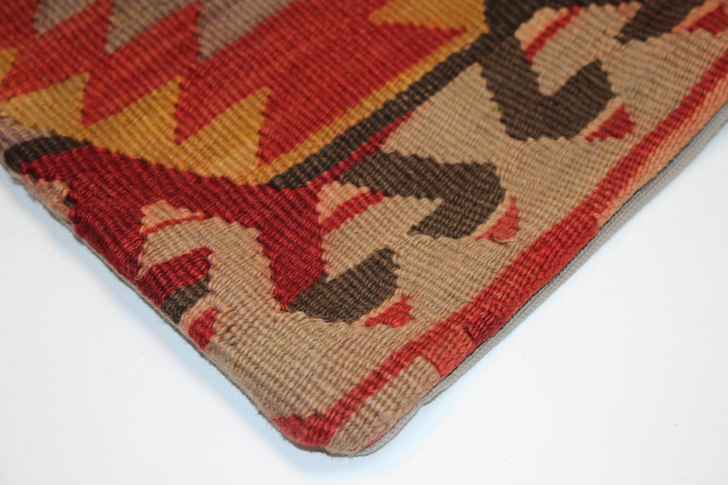 Vintage Turkish Persian Kilim Lumbar Pillow, Red Beige Geometric Woven Cushion, Handmade Rug Pillow Cover, 16x16 inch