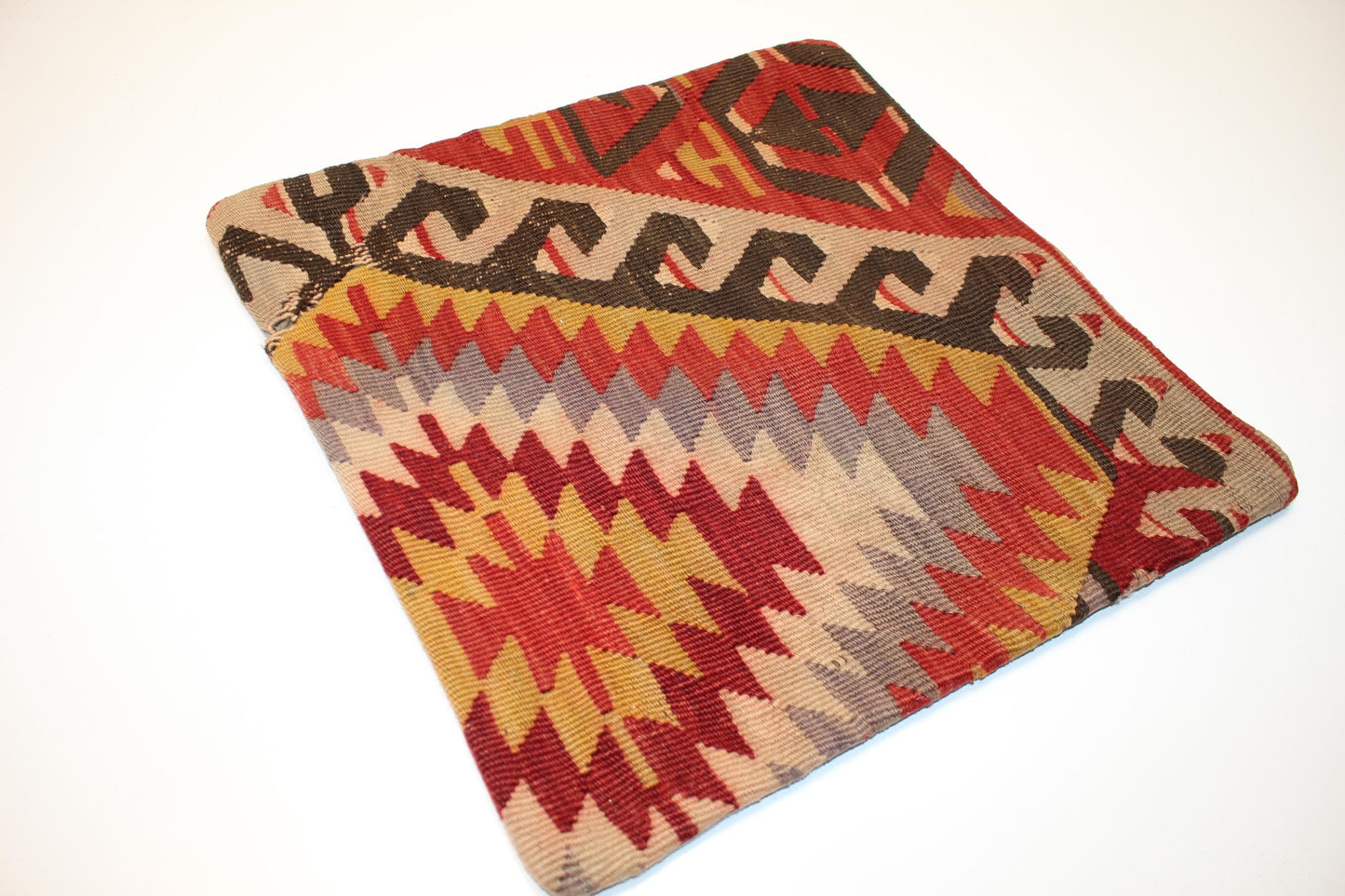 Vintage Turkish Persian Kilim Lumbar Pillow, Red Beige Geometric Woven Cushion, Handmade Rug Pillow Cover, 16x16 inch
