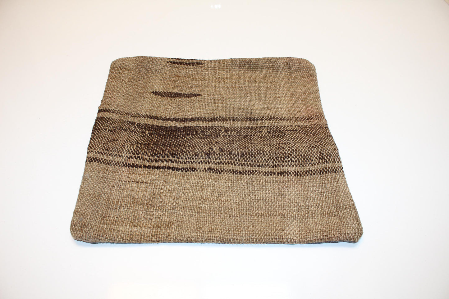 Vintage Turkish Persian Kilim Lumbar Pillow, Neutral Beige Brown Minimal Woven Cushion, Handmade Rug Pillow Cover, 16x16 inch