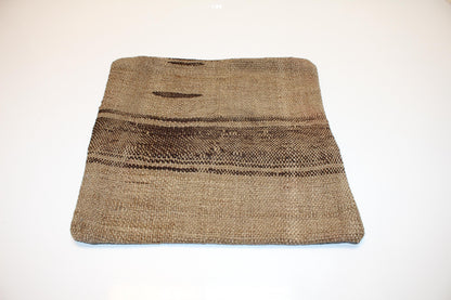 Vintage Turkish Persian Kilim Lumbar Pillow, Neutral Beige Brown Minimal Woven Cushion, Handmade Rug Pillow Cover, 16x16 inch