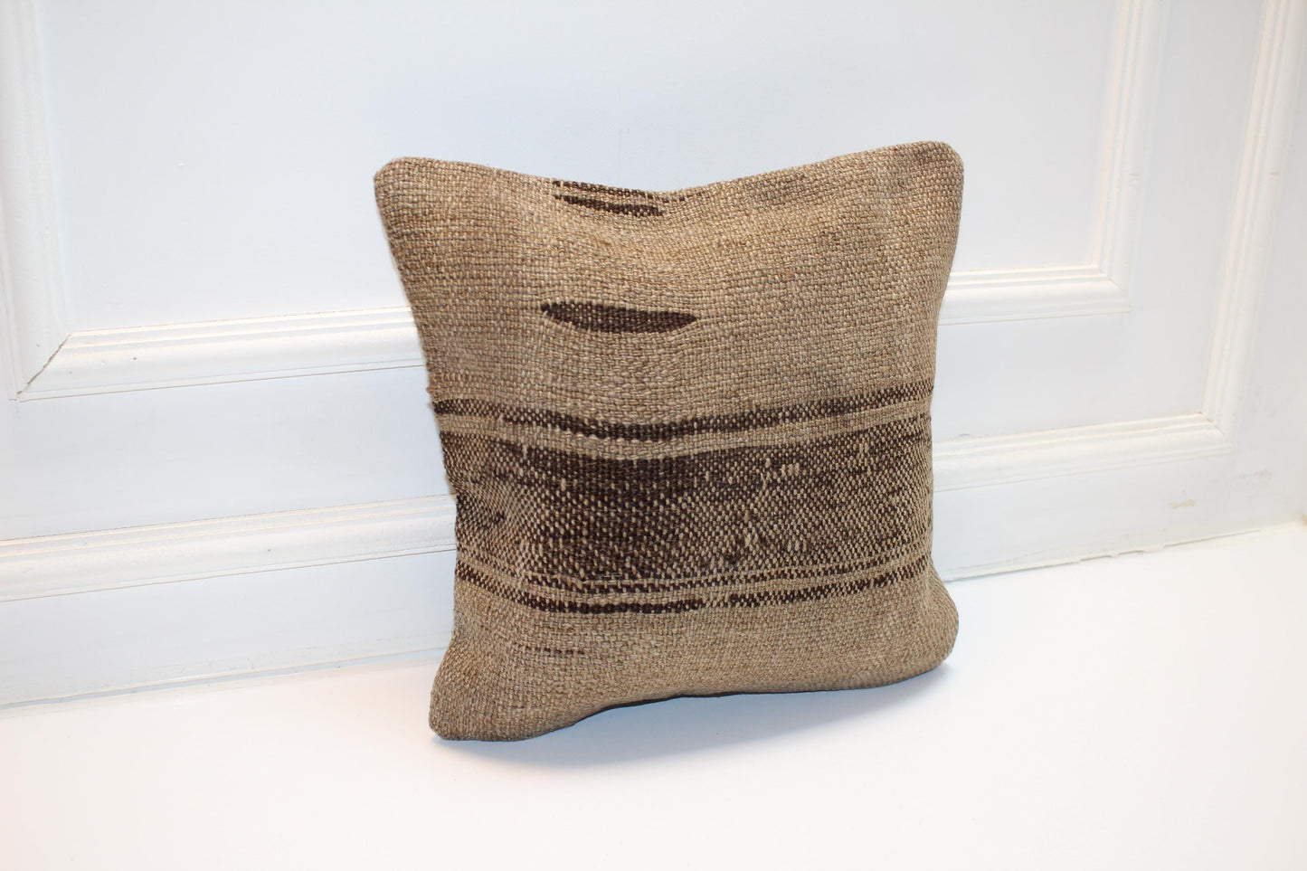Vintage Turkish Persian Kilim Lumbar Pillow, Neutral Beige Brown Minimal Woven Cushion, Handmade Rug Pillow Cover, 16x16 inch