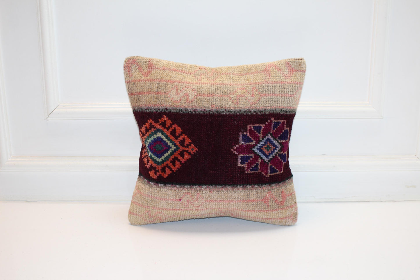 Vintage Turkish Kilim Lumbar Pillow Cover, Burgundy Band Tribal Cushion, Handwoven Anatolian Rug Pillow, 16x16 inch