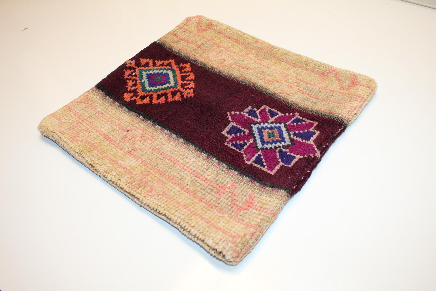 Vintage Turkish Kilim Lumbar Pillow Cover, Burgundy Band Tribal Cushion, Handwoven Anatolian Rug Pillow, 16x16 inch