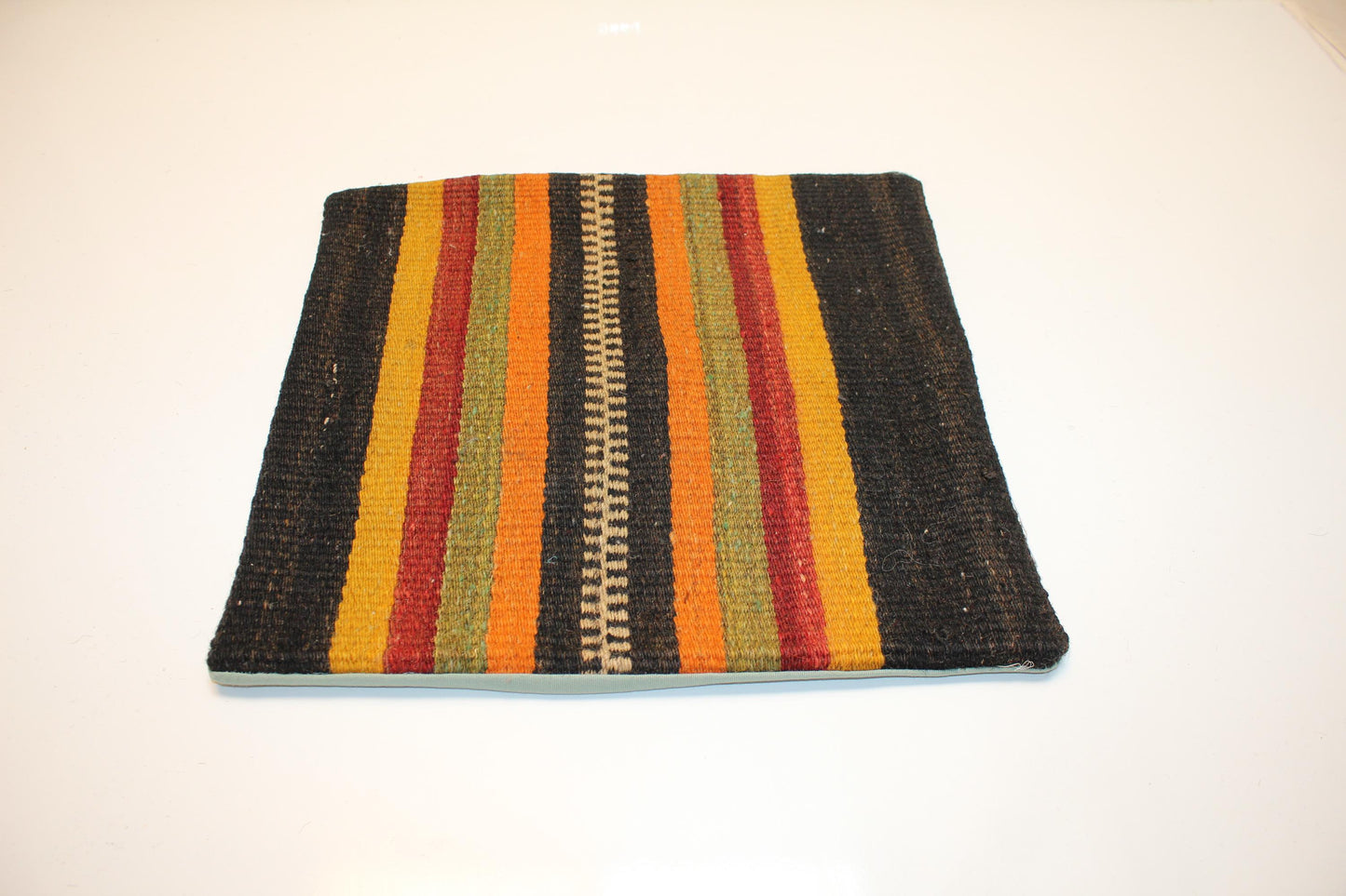 Vintage Turkish Kilim Lumbar Pillow Cover, Bold Vertical Stripe Cushion, Handwoven Nomadic Rug Pillow, 16x16 inch