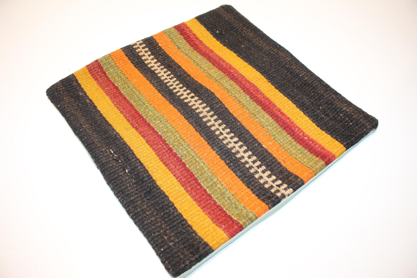Vintage Turkish Kilim Lumbar Pillow Cover, Bold Vertical Stripe Cushion, Handwoven Nomadic Rug Pillow, 16x16 inch