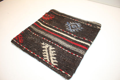 Vintage Turkish Kilim Lumbar Pillow Cover, Dark Ground Woven Cushion with Bold Accent Lines, Rustic Rug Pillow, 16x16 inch