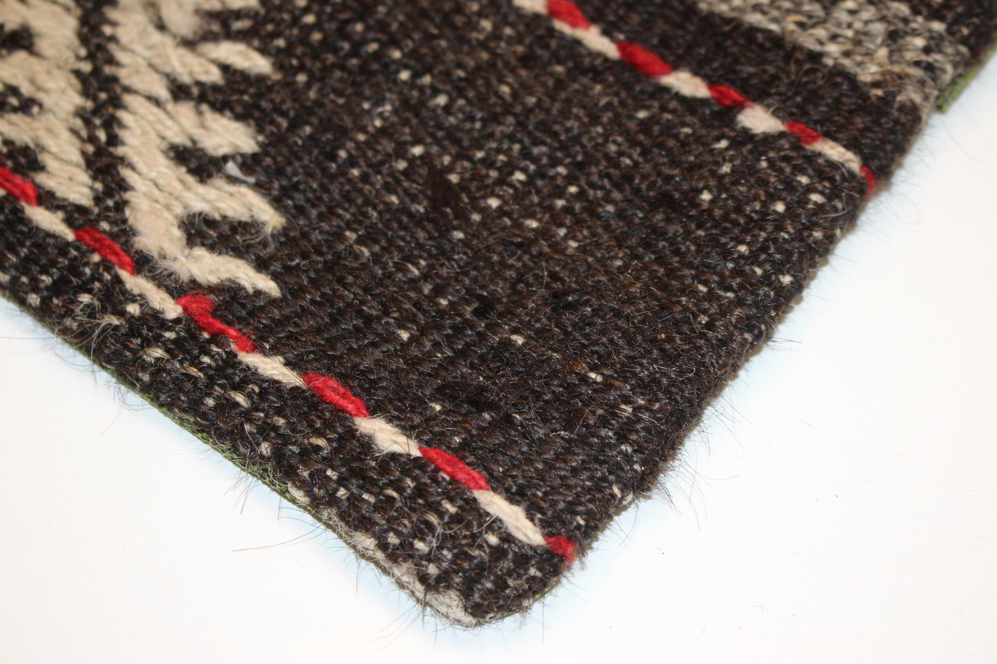 Vintage Turkish Kilim Lumbar Pillow Cover, Dark Ground Woven Cushion with Bold Accent Lines, Rustic Rug Pillow, 16x16 inch