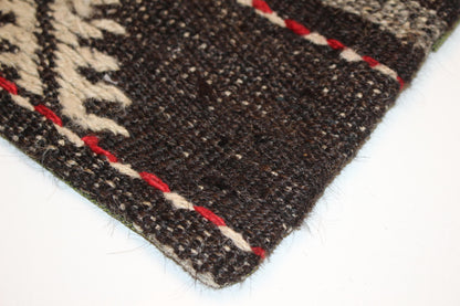Vintage Turkish Kilim Lumbar Pillow Cover, Dark Ground Woven Cushion with Bold Accent Lines, Rustic Rug Pillow, 16x16 inch