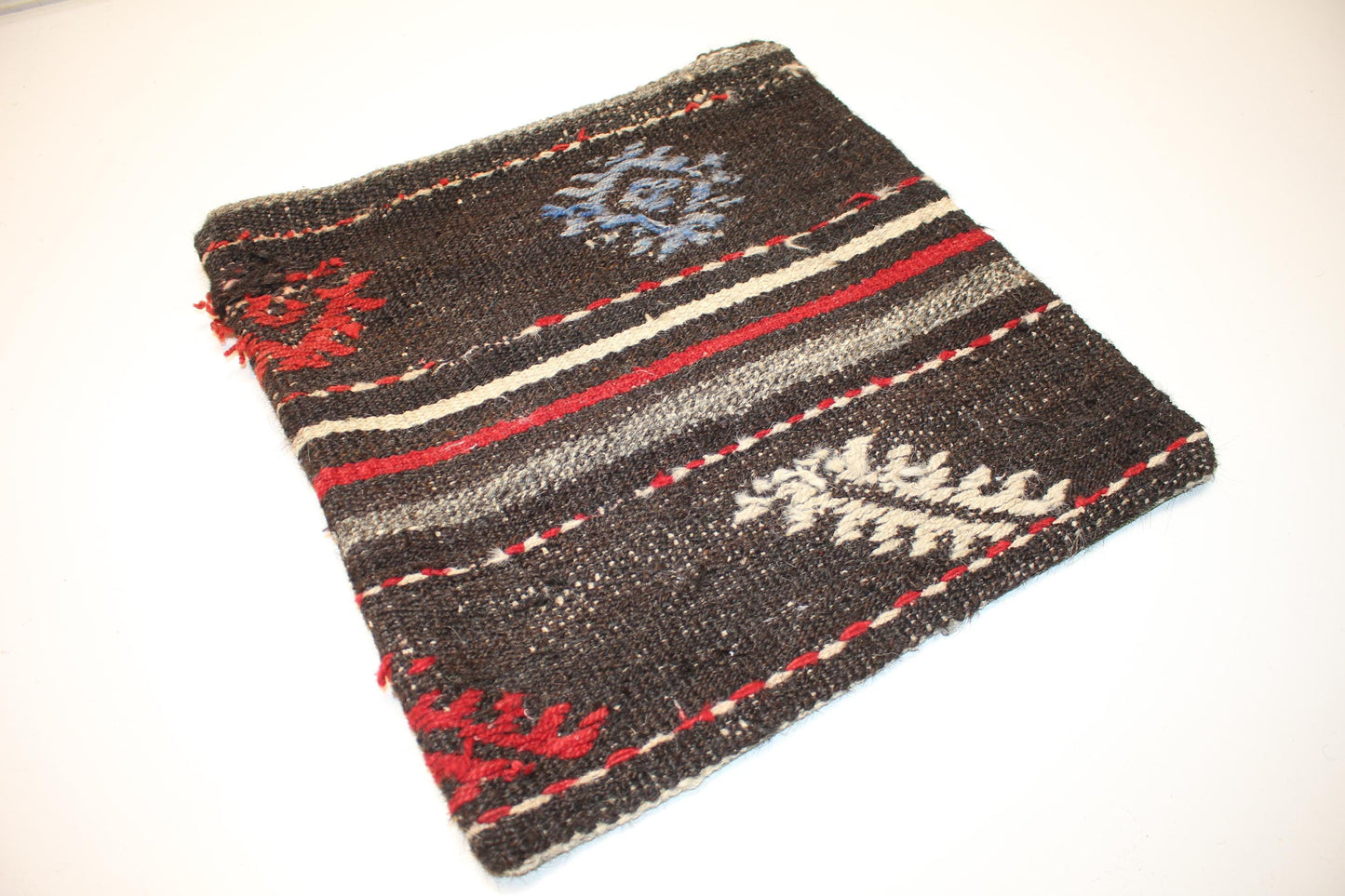 Vintage Turkish Kilim Lumbar Pillow Cover, Dark Ground Woven Cushion with Bold Accent Lines, Rustic Rug Pillow, 16x16 inch