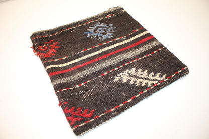 Vintage Turkish Kilim Lumbar Pillow Cover, Dark Ground Woven Cushion with Bold Accent Lines, Rustic Rug Pillow, 16x16 inch