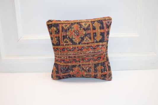 Vintage Turkish Kilim Pillow Cover, Intricate Tribal Geometry Cushion, Earthy Toned Antique Rug Textile Decor, 16x16 inch