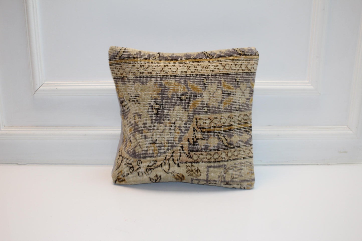 Vintage Turkish Kilim Pillow Cover, Faded Floral Rug Cushion, Neutral Toned Antique Textile Accent, 16x16 inch