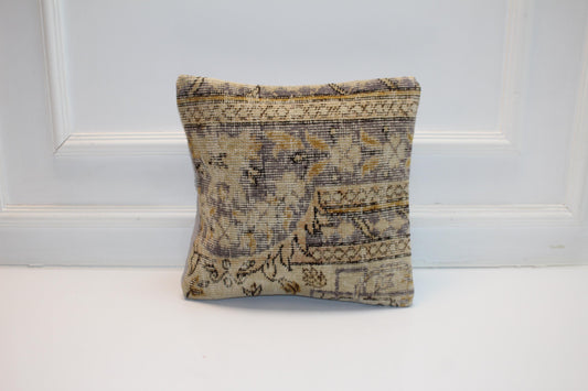 Vintage Turkish Kilim Pillow Cover, Faded Floral Rug Cushion, Neutral Toned Antique Textile Accent, 16x16 inch
