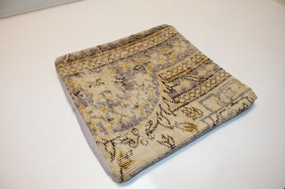 Vintage Turkish Kilim Pillow Cover, Faded Floral Rug Cushion, Neutral Toned Antique Textile Accent, 16x16 inch