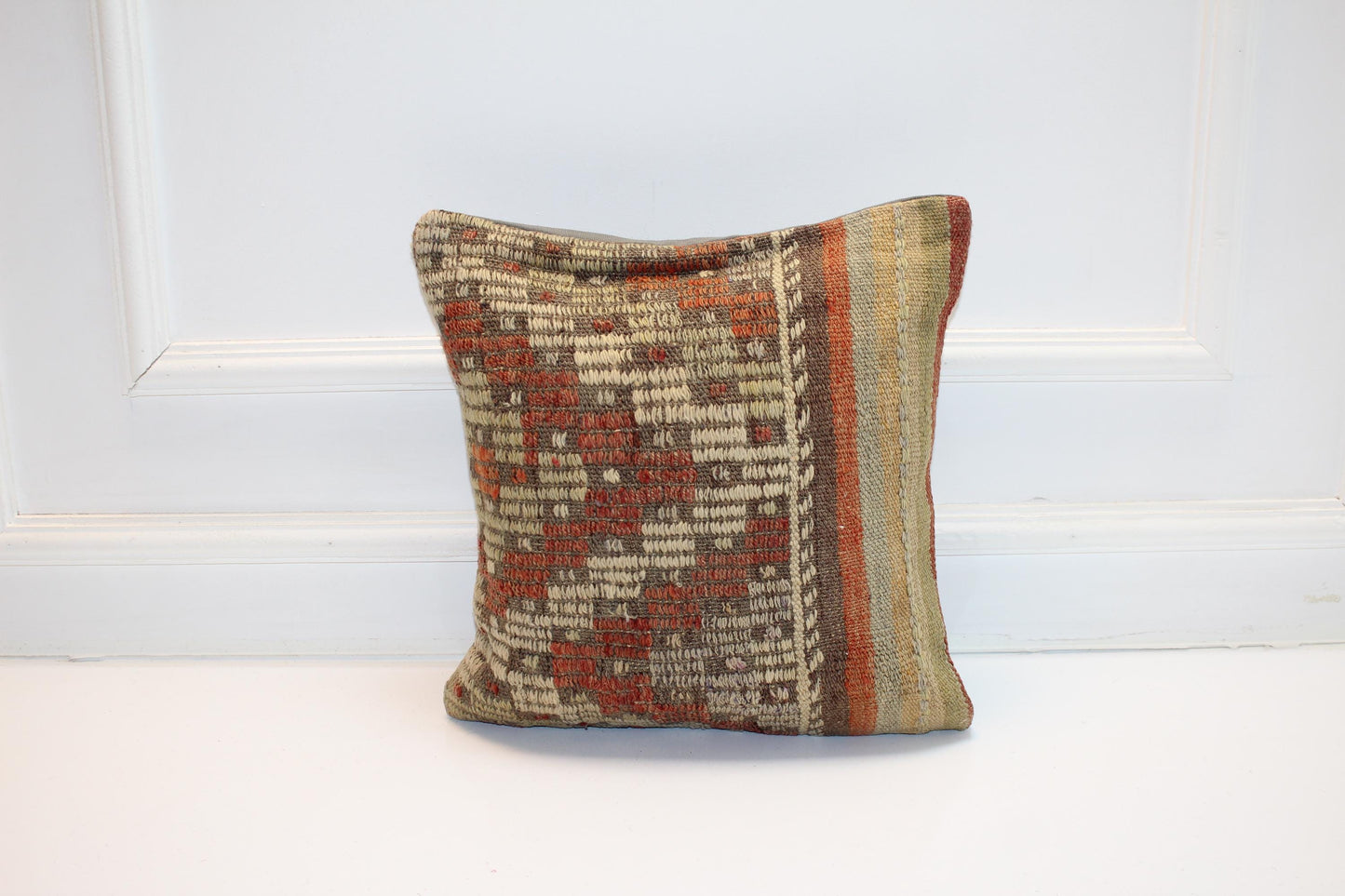 Earth Tone Kilim Pillow Cover – One-of-a-Kind Tribal Rug Cushion16x16 inch