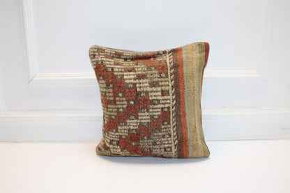 Earth Tone Kilim Pillow Cover – One-of-a-Kind Tribal Rug Cushion16x16 inch