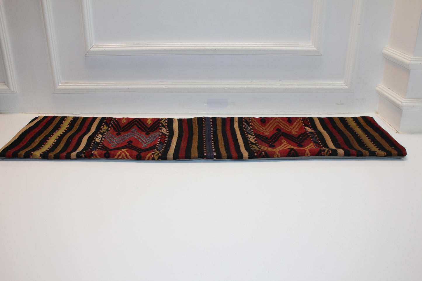 Vintage Turkish Kilim Lumbar Pillow 12x48 – Bold Tribal Bench Cushion