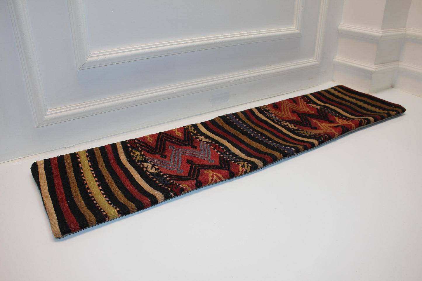 Vintage Turkish Kilim Lumbar Pillow 12x48 – Bold Tribal Bench Cushion