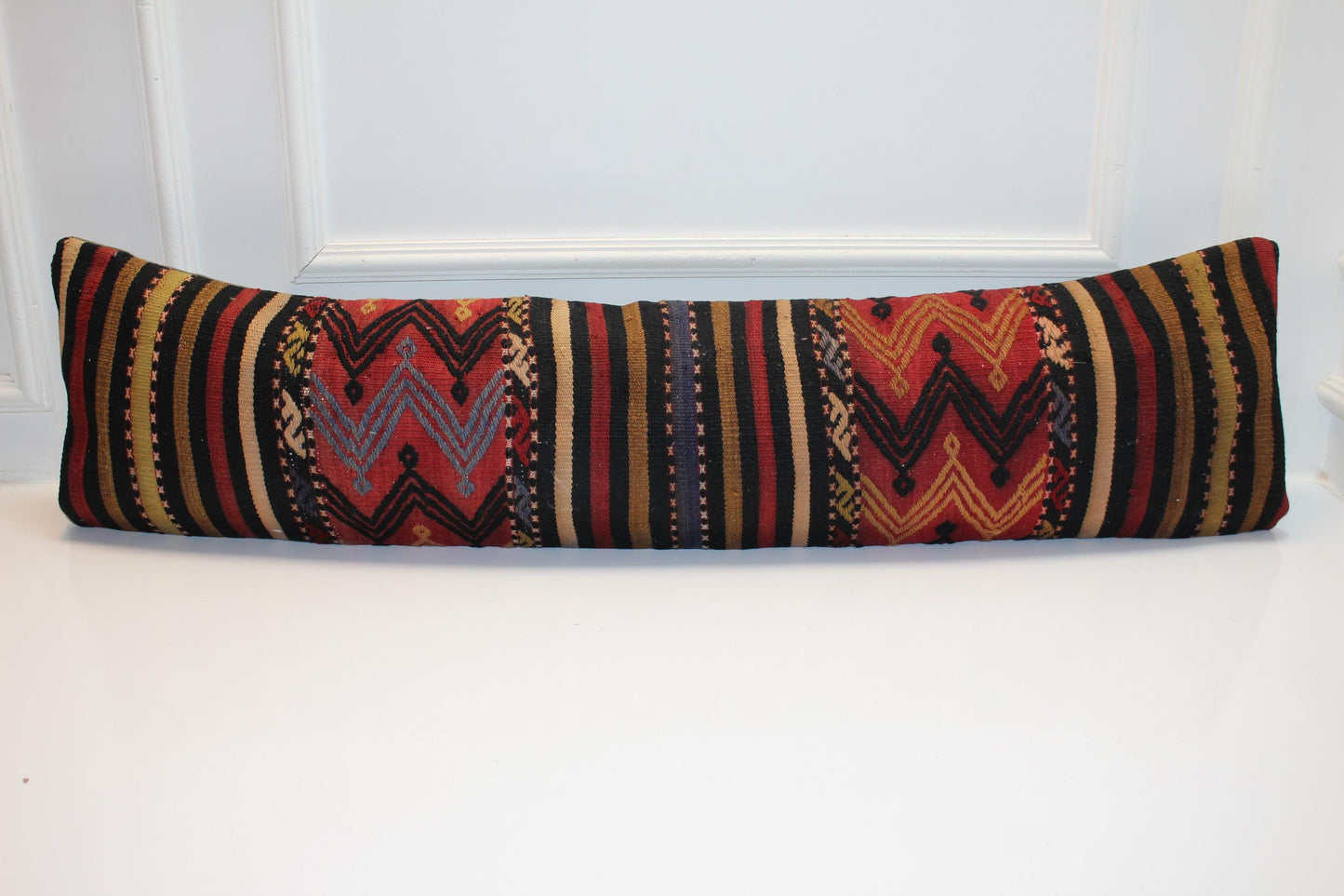 Vintage Turkish Kilim Lumbar Pillow 12x48 – Bold Tribal Bench Cushion