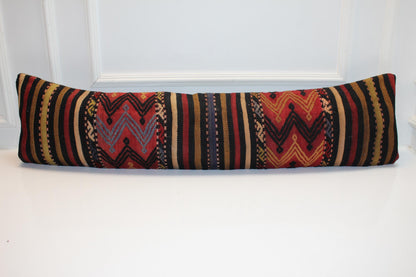 Vintage Turkish Kilim Lumbar Pillow 12x48 – Bold Tribal Bench Cushion
