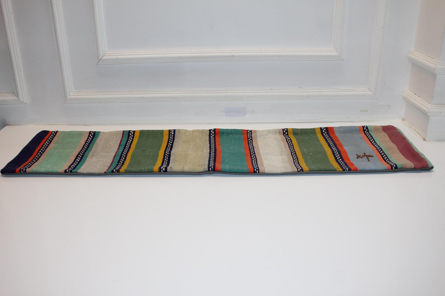 Colorful Striped Kilim Lumbar Pillow 12x48 – Boho Bench Cushion with Green & Teal Tones