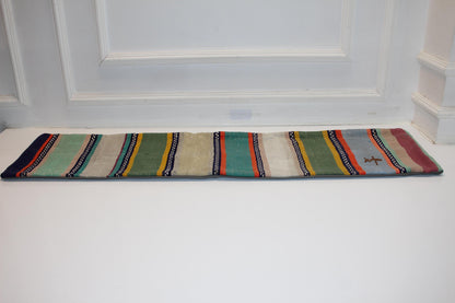 Colorful Striped Kilim Lumbar Pillow 12x48 – Boho Bench Cushion with Green & Teal Tones
