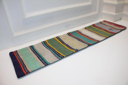 Colorful Striped Kilim Lumbar Pillow 12x48 – Boho Bench Cushion with Green & Teal Tones