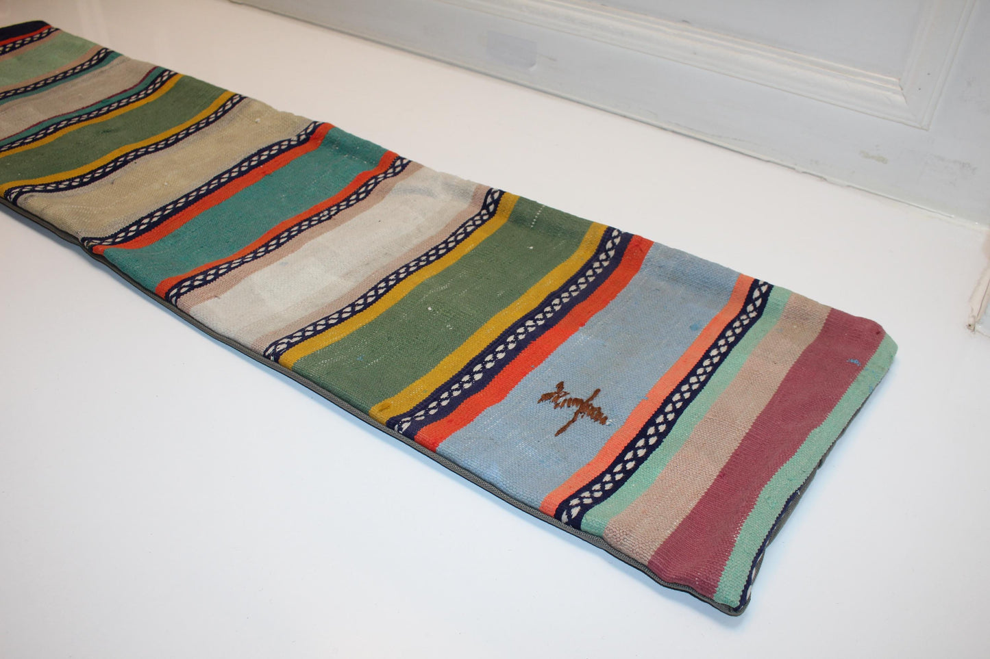 Colorful Striped Kilim Lumbar Pillow 12x48 – Boho Bench Cushion with Green & Teal Tones
