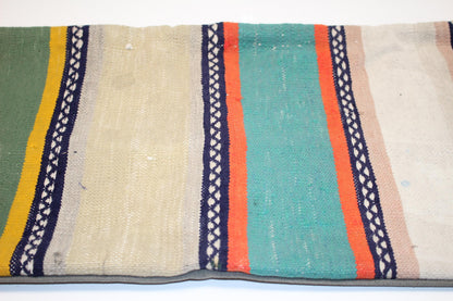 Colorful Striped Kilim Lumbar Pillow 12x48 – Boho Bench Cushion with Green & Teal Tones