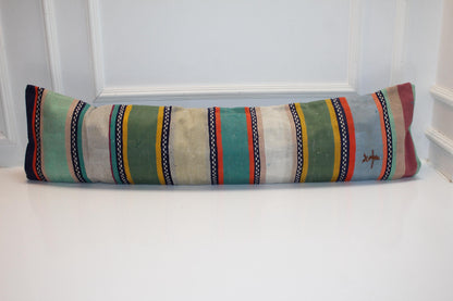 Colorful Striped Kilim Lumbar Pillow 12x48 – Boho Bench Cushion with Green & Teal Tones