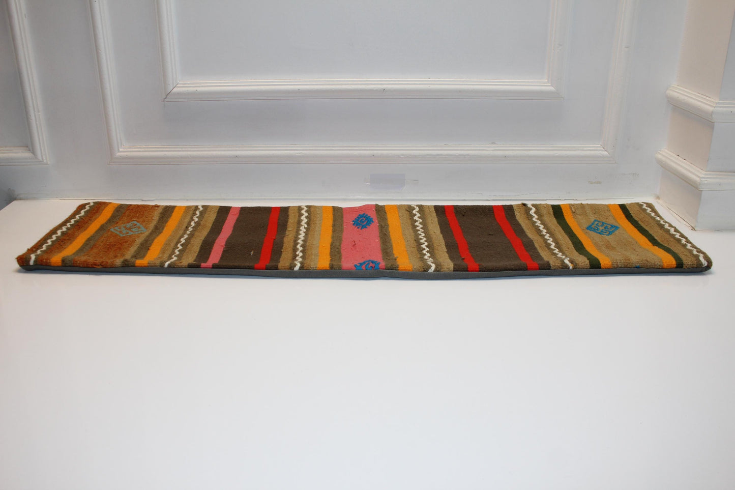 Earthy Striped Kilim Lumbar Pillow 12x48 – Handmade Look Boho Bench Cushion with Tribal Details