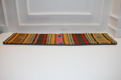 Earthy Striped Kilim Lumbar Pillow 12x48 – Handmade Look Boho Bench Cushion with Tribal Details