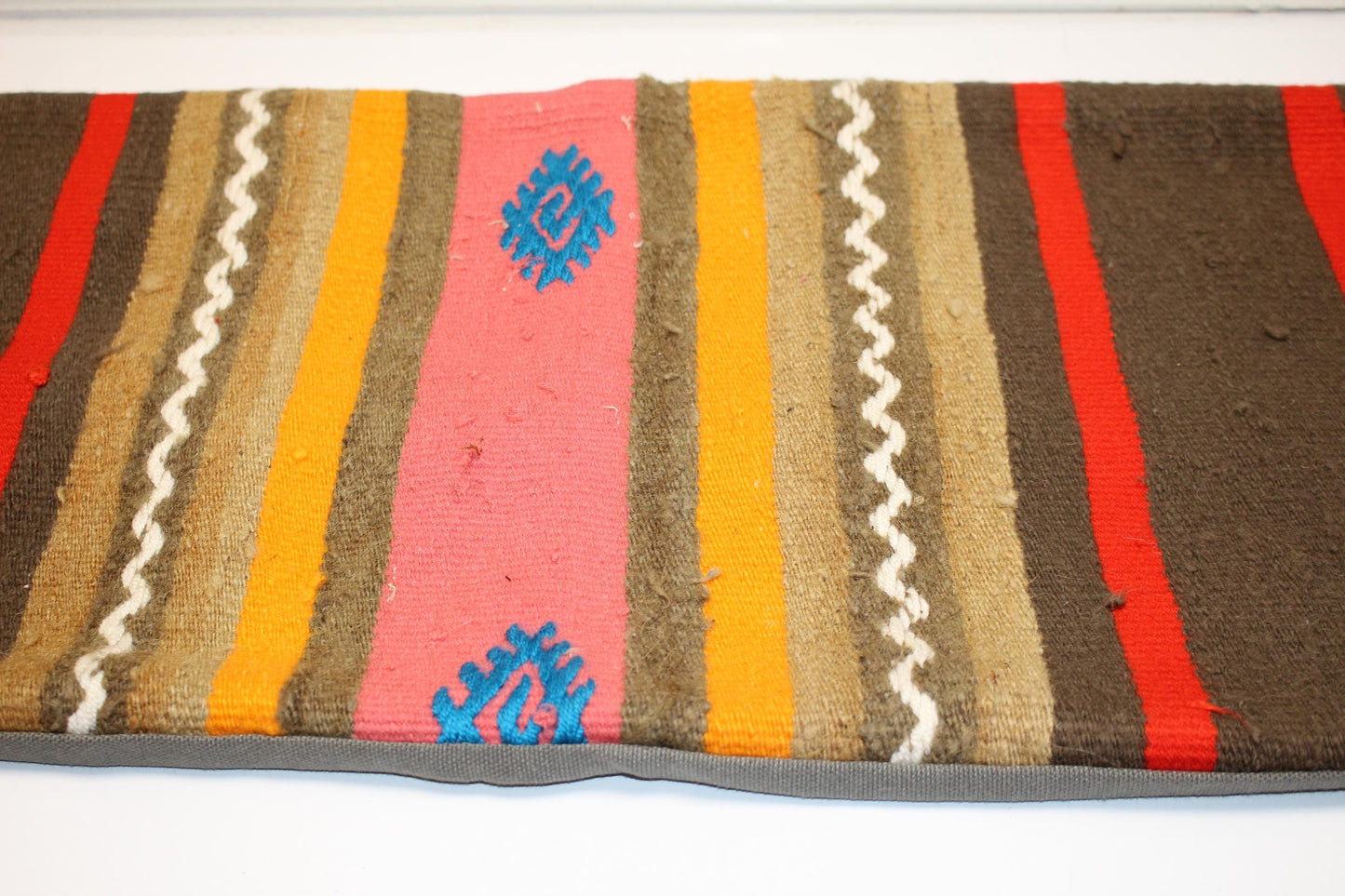 Earthy Striped Kilim Lumbar Pillow 12x48 – Handmade Look Boho Bench Cushion with Tribal Details