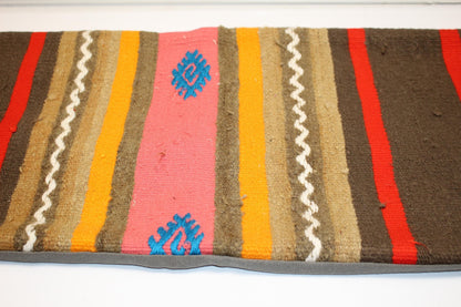 Earthy Striped Kilim Lumbar Pillow 12x48 – Handmade Look Boho Bench Cushion with Tribal Details