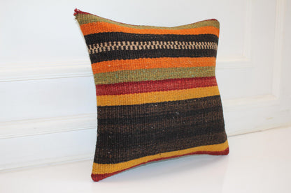 Striped Kilim Cushion, Boho Ethnic Decor, Handmade Anatolian Rug Pillow(16x16 in)