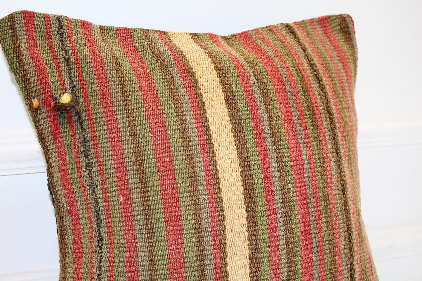 Vertical Striped Kilim Cushion, Earth Tone Boho Decor, Handmade Anatolian Rug Pillow(16x16 in)