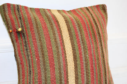 Vertical Striped Kilim Cushion, Earth Tone Boho Decor, Handmade Anatolian Rug Pillow(16x16 in)